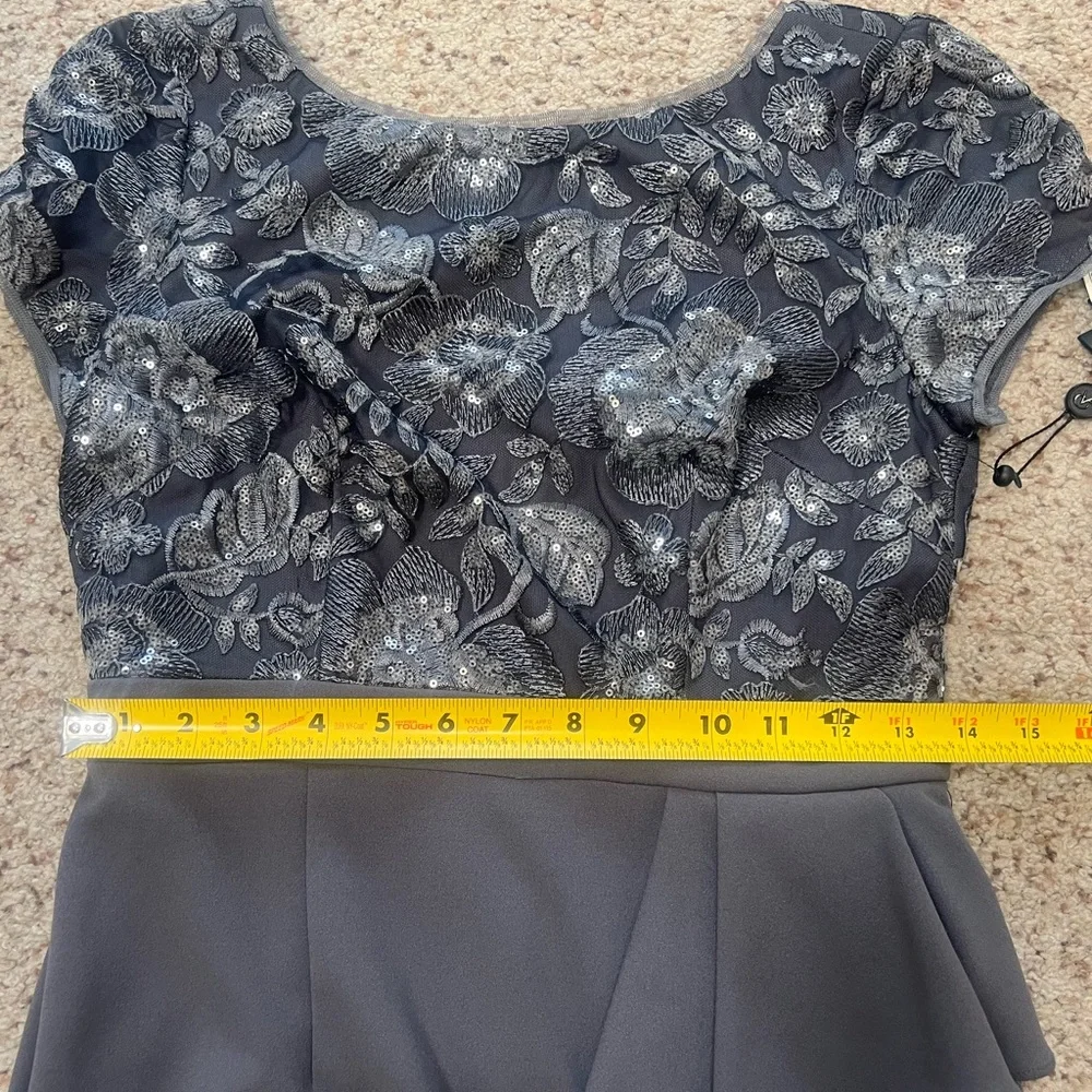 Adrianna Papell‎ Formal Dress Gown Gray Floral Embroidery  Ruffle Side Slit 2 - Picture 14 of 15